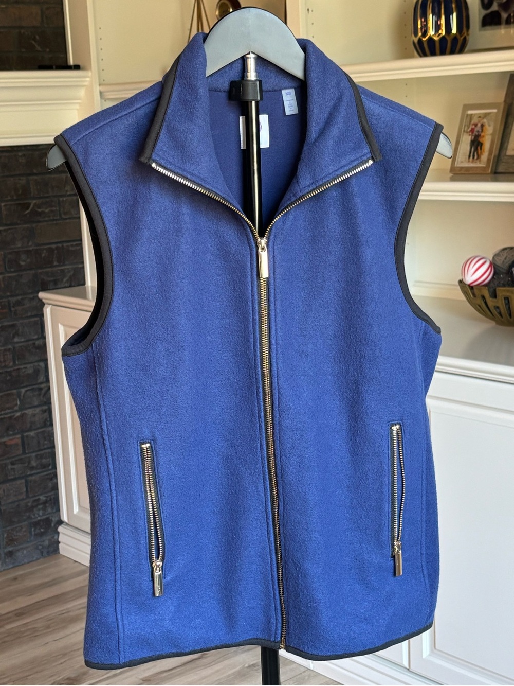 Joy Mangano Blue Fleece Zip Front Vest with Black Trim